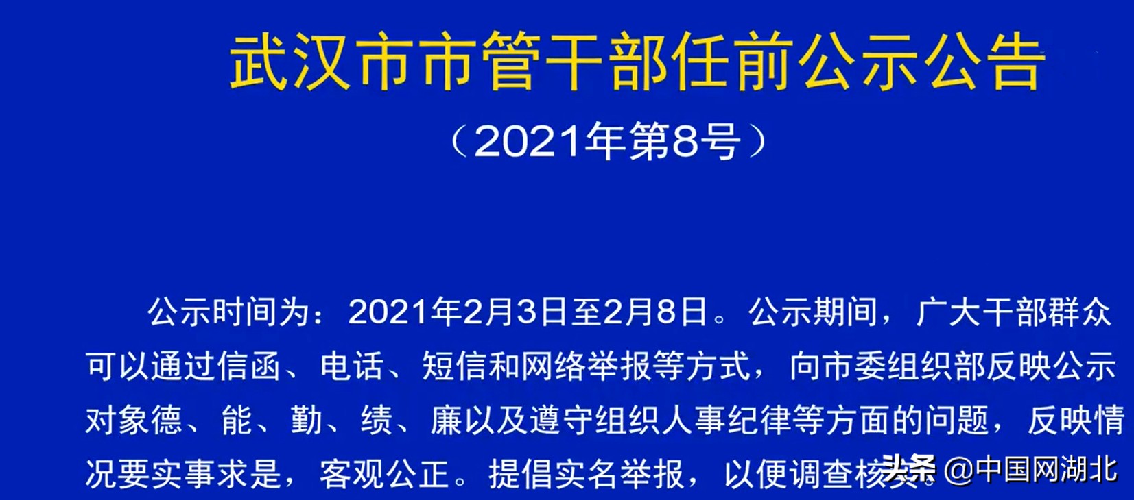 武汉发布最新市管干部任前公示公告2021年第8号